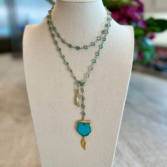 One of a kind Turquoise, Baroque Pearl & Aquamarine Lariat Necklace - Picture 1 of 9